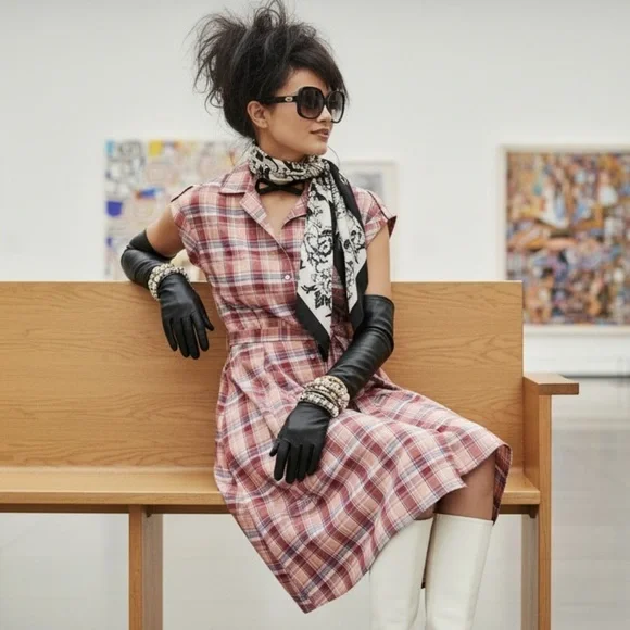 Vintage 70s Plaid Shirtwaist Dress Midi Dagger Collar Belted M Cottagecore - Picture 3 of 9